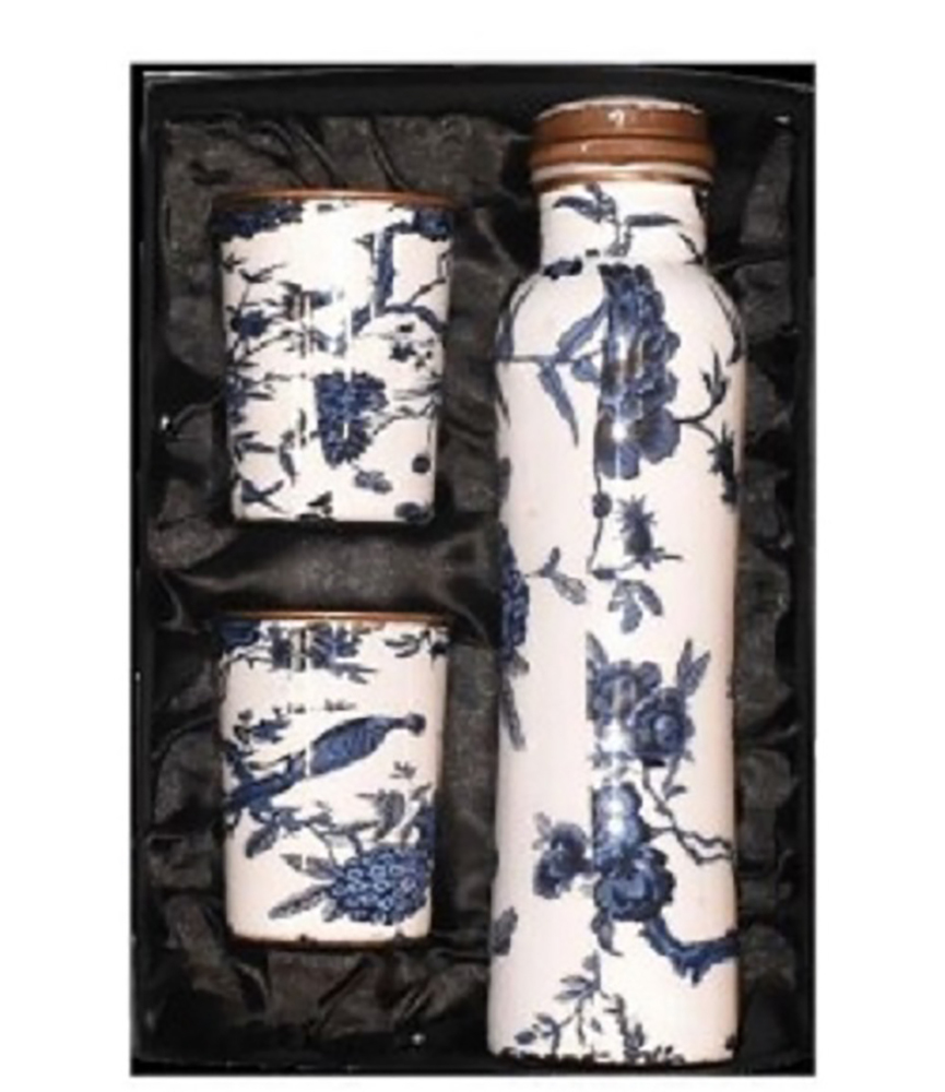 Copper Printed Bottles - Handcrafted Copper Bottle With Matching Glass , Ergonomic Design, Antimicrobial Properties, Keeps Beverages Cold For Hours
