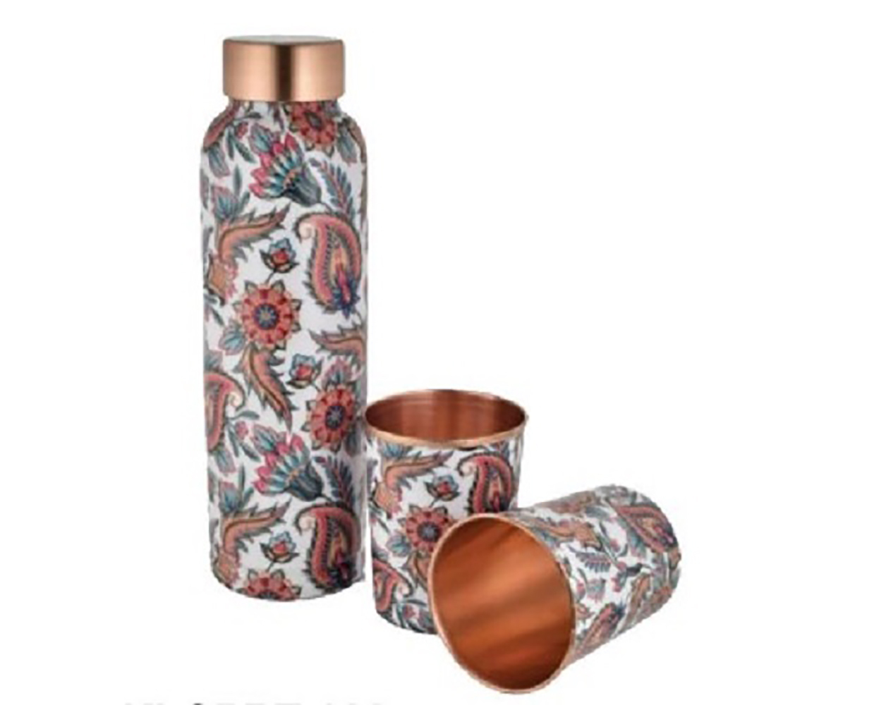 Copper Printed Bottles - Handcrafted Copper Bottle With Matching Glass , Ergonomic Design, Antimicrobial Properties, Keeps Beverages Cold For Hours