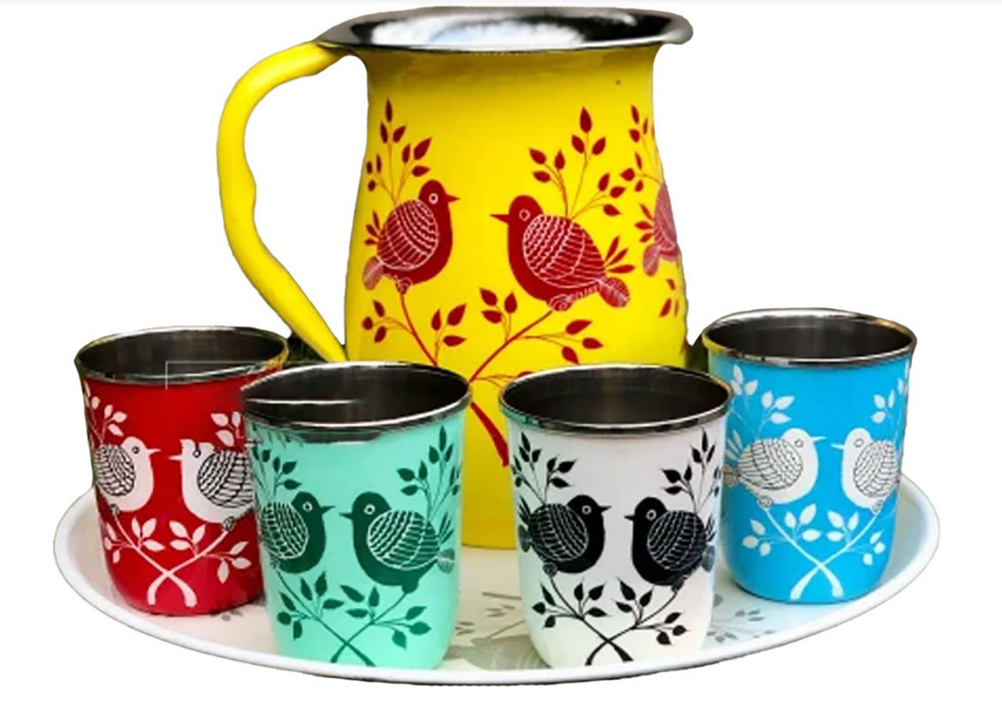 Enamel Printed Jug Set (D) - Copper Material, Ergonomic Design , Handcrafted Tiffin With Matching Glass For Enhanced Beverage Experience