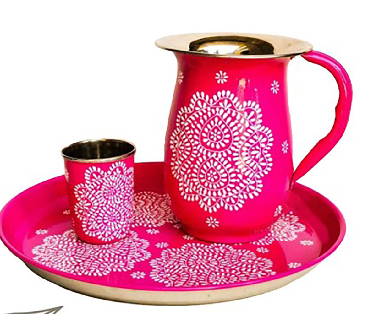 Enamel Printed Jug Set (D) - Copper Material, Ergonomic Design , Handcrafted Tiffin With Matching Glass For Enhanced Beverage Experience