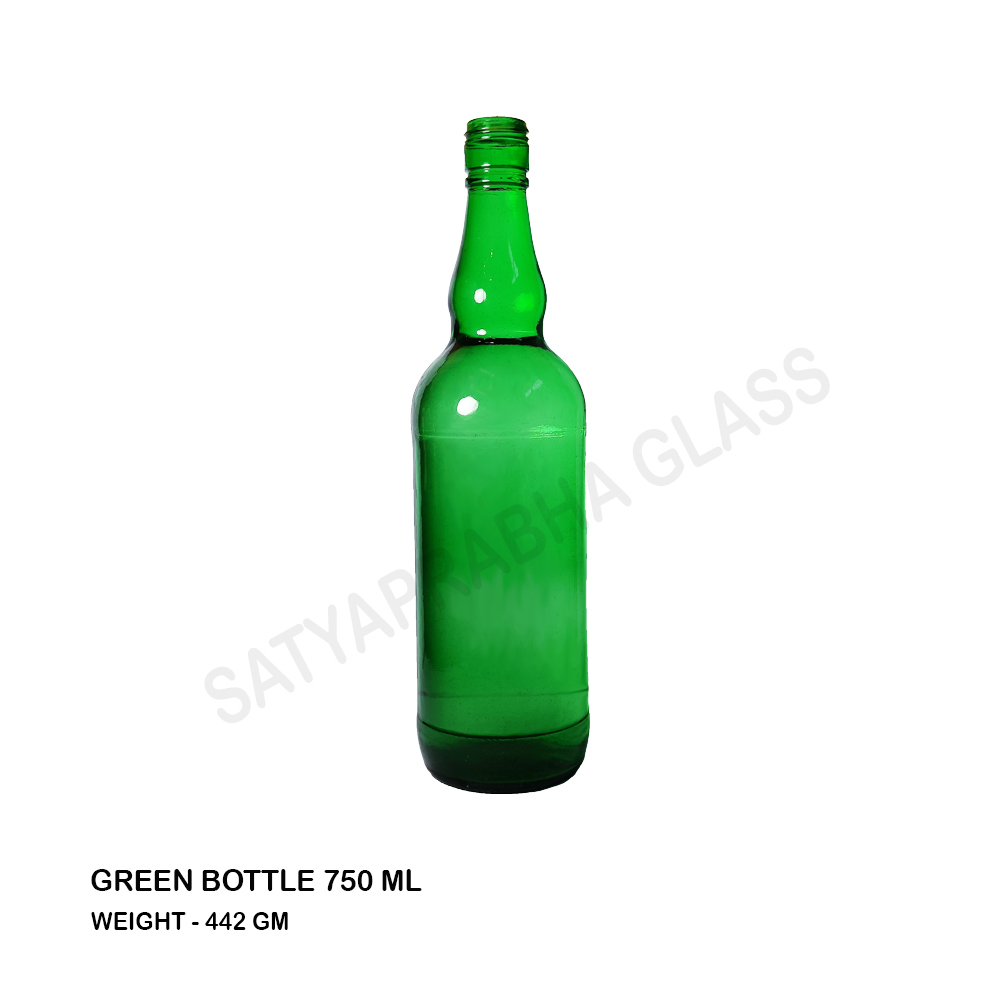 Glass Bottle - 750 Ml Narrow Neck Green Color | Screw Cap Rigid Structure Round Shape Transparent