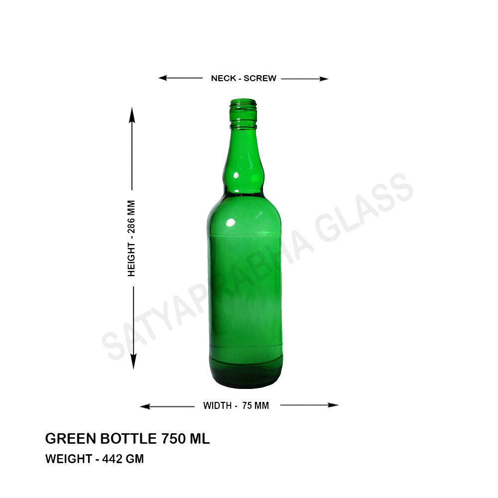 Glass Bottle - 750 Ml Narrow Neck Green Color | Screw Cap Rigid Structure Round Shape Transparent