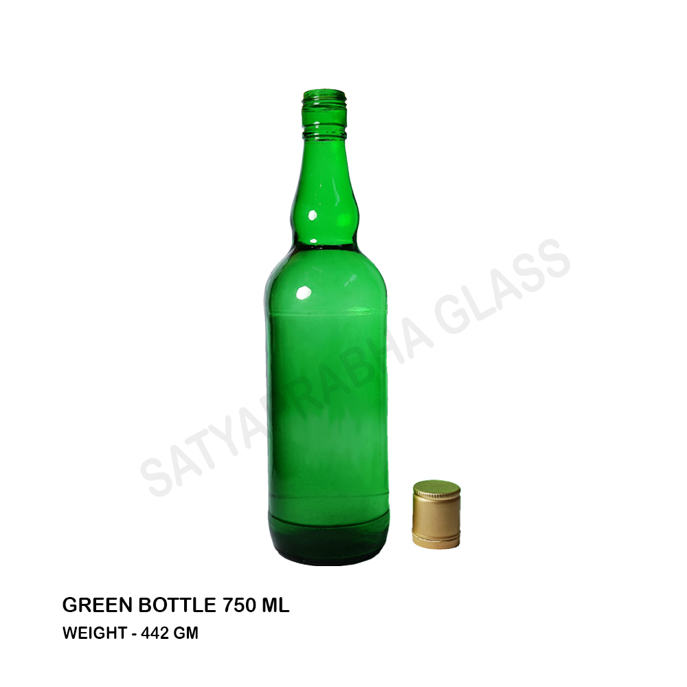 Glass Bottle - 750 Ml Narrow Neck Green Color | Screw Cap Rigid Structure Round Shape Transparent