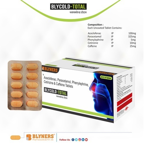 Blycold Total - Cold Symptom Relief Tablets With Aceclofenac, Paracetamol, Phenylephrine, Cetrizine, Caffeine | Recommended For Adults, Dosage As Directed By Physician, Store In Cool & Dry Place
