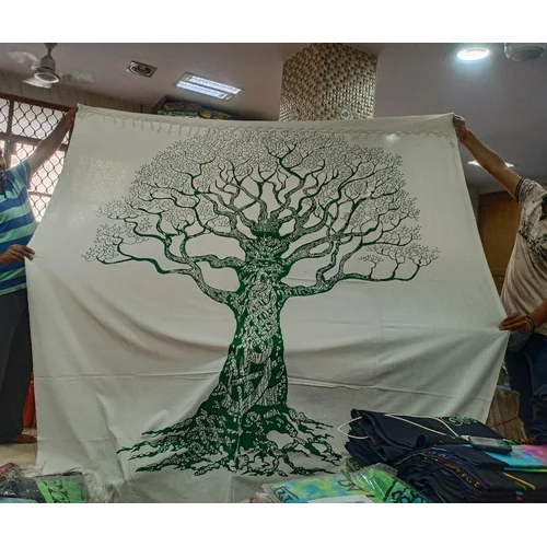 TAPESTRY BED SHEET - 100% Cotton, King Size, White and Green Pattern | Lightweight, Washable, Breathable, Wrinkle-Resistant