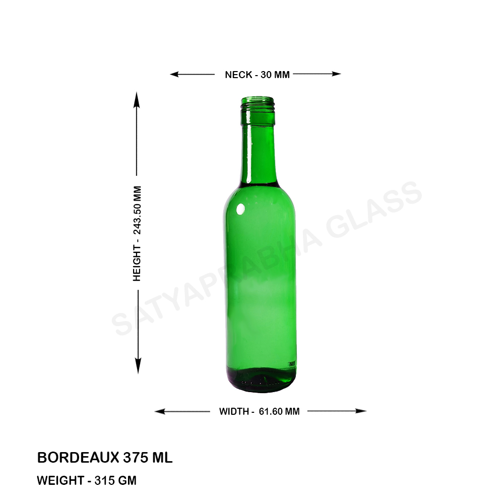 Glass Wine Bottle - 375 Ml Capacity, Green Color, Round Shape With Screw Cap Sealing