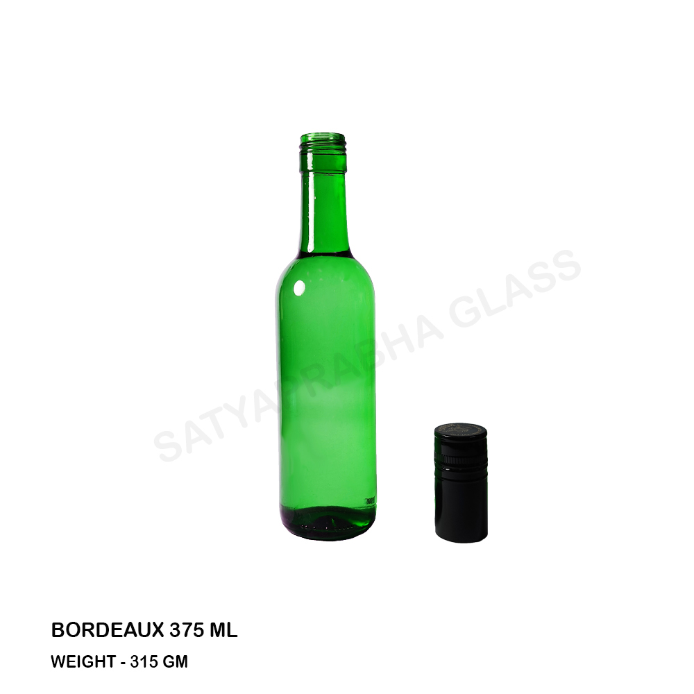 Glass Wine Bottle - 375 Ml Capacity, Green Color, Round Shape With Screw Cap Sealing