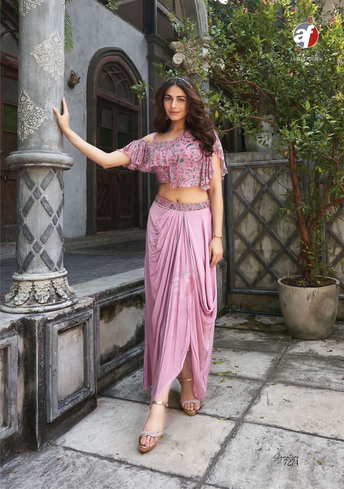 Georgette Indo-western Drape Style Outfit With Handwork