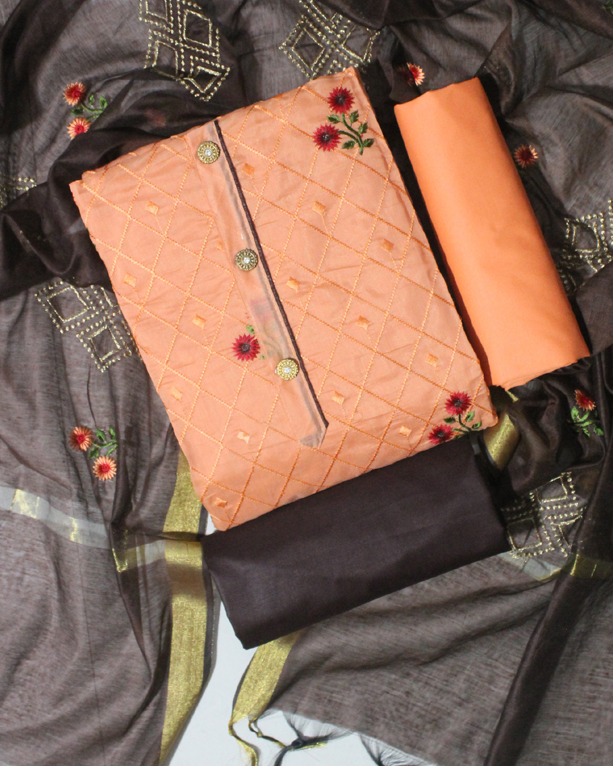 Unstitched Modal Chandery Dress Material - 2mtr Cotton Fabric, Mint Green, Orange, Peach, Yellow Colors, Embroidered Design, Lightweight & Washable For Casual Occasions