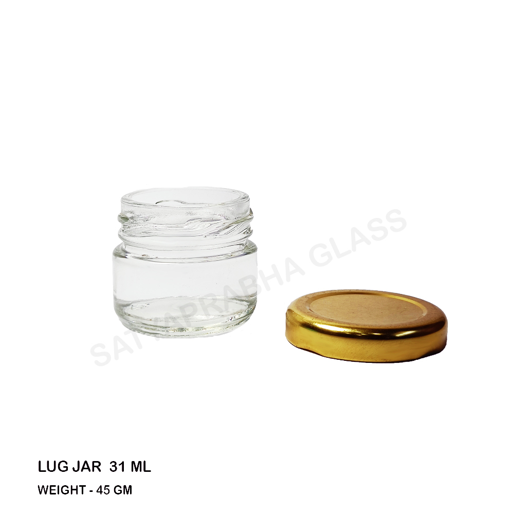 31 Ml Glass Lug Jar - 43.3 Mm Diameter, 39.25 Mm Height | Transparent, Easy Open End, Ideal For Honey, Jams, Ketchup, And Gift Sets