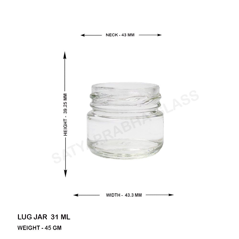 31 Ml Glass Lug Jar - 43.3 Mm Diameter, 39.25 Mm Height | Transparent, Easy Open End, Ideal For Honey, Jams, Ketchup, And Gift Sets