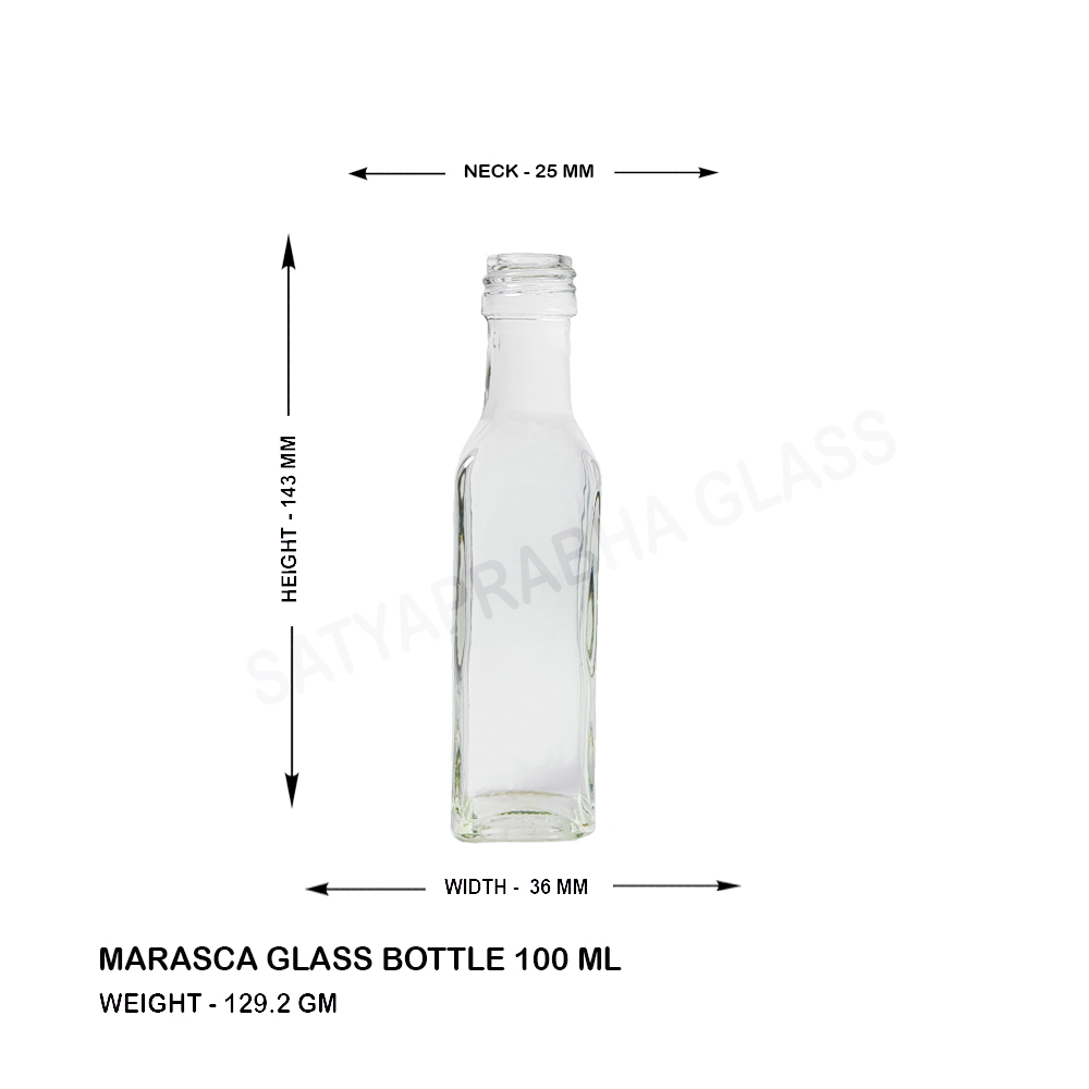 Marasca Glass Bottle - 100 Ml, Square Shape With Long Neck | Durable Thick Glass, Translucent Design, Air Tight Lid, Non-toxic Storage