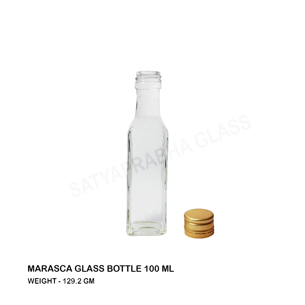 Marasca Glass Bottle - 100 Ml, Square Shape With Long Neck | Durable Thick Glass, Translucent Design, Air Tight Lid, Non-toxic Storage