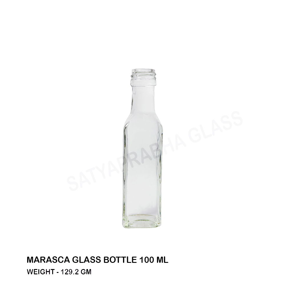 Marasca Glass Bottle - 100 Ml, Square Shape With Long Neck | Durable Thick Glass, Translucent Design, Air Tight Lid, Non-toxic Storage