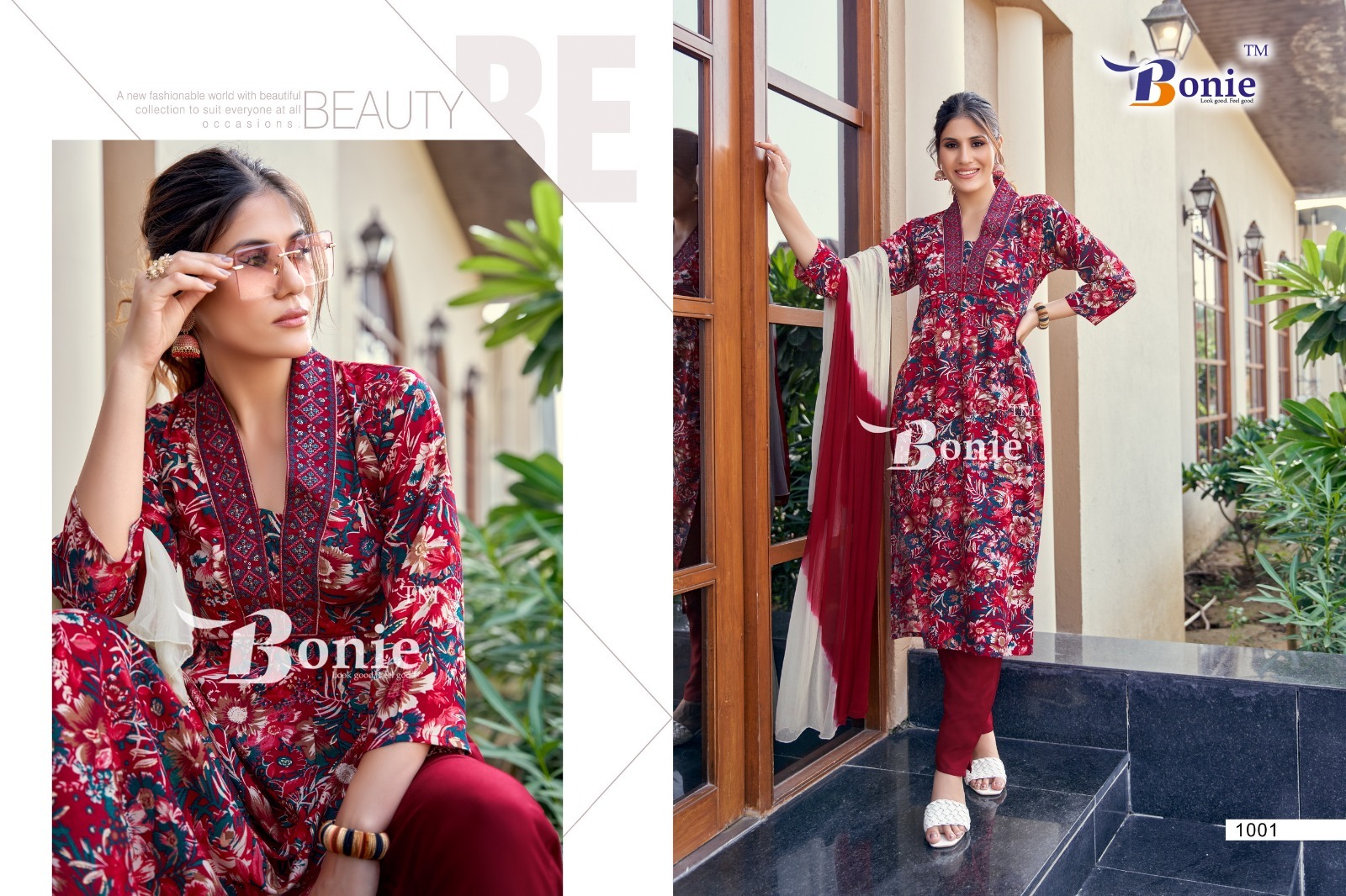New Designer Heavy Rayon Printed Kurti - 3pc Set With Pant And Dupatta, Cherry Color With Dori Sequence Work, Available In M-2xl Sizes