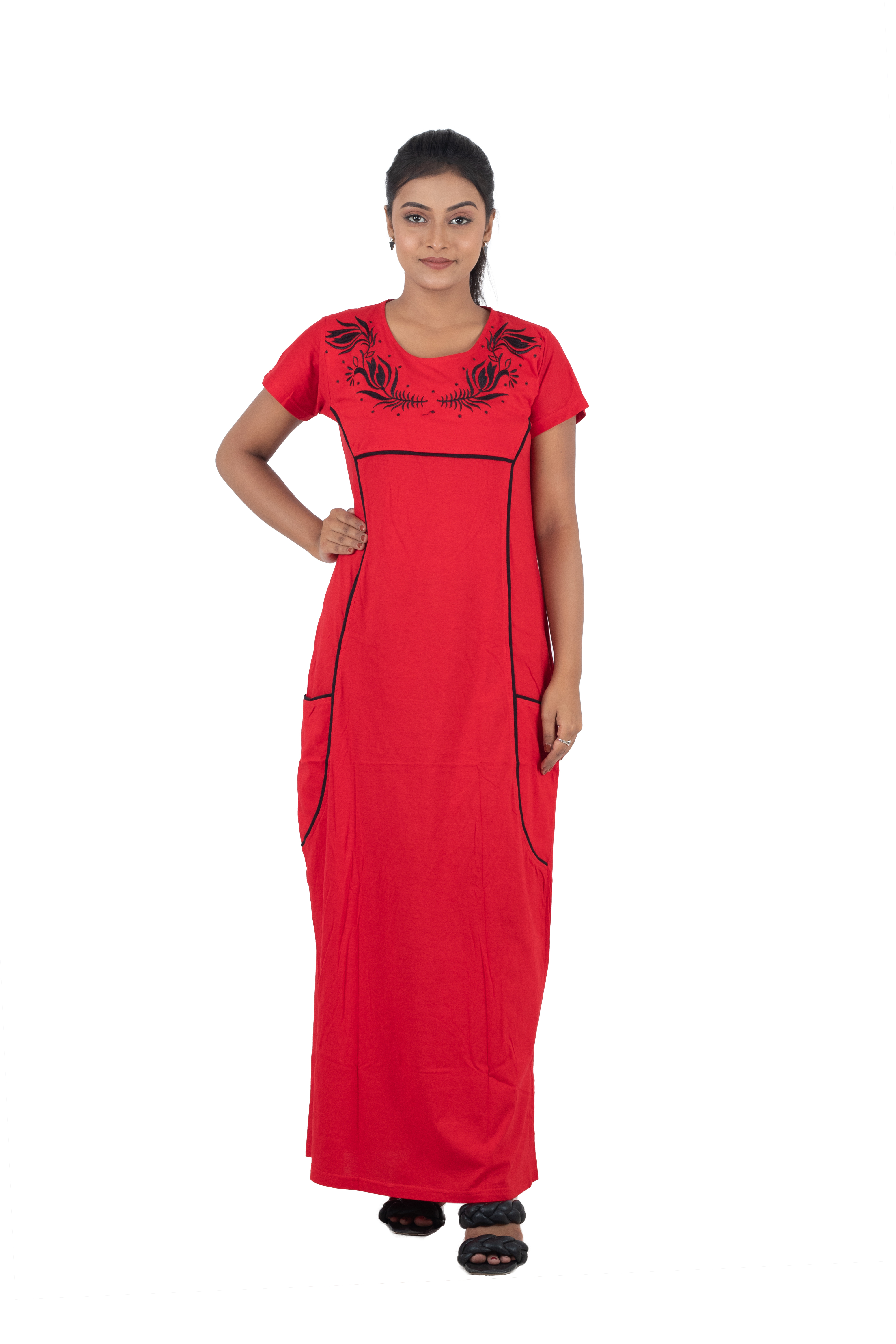 Womens Embroidery Light Red Night Gown