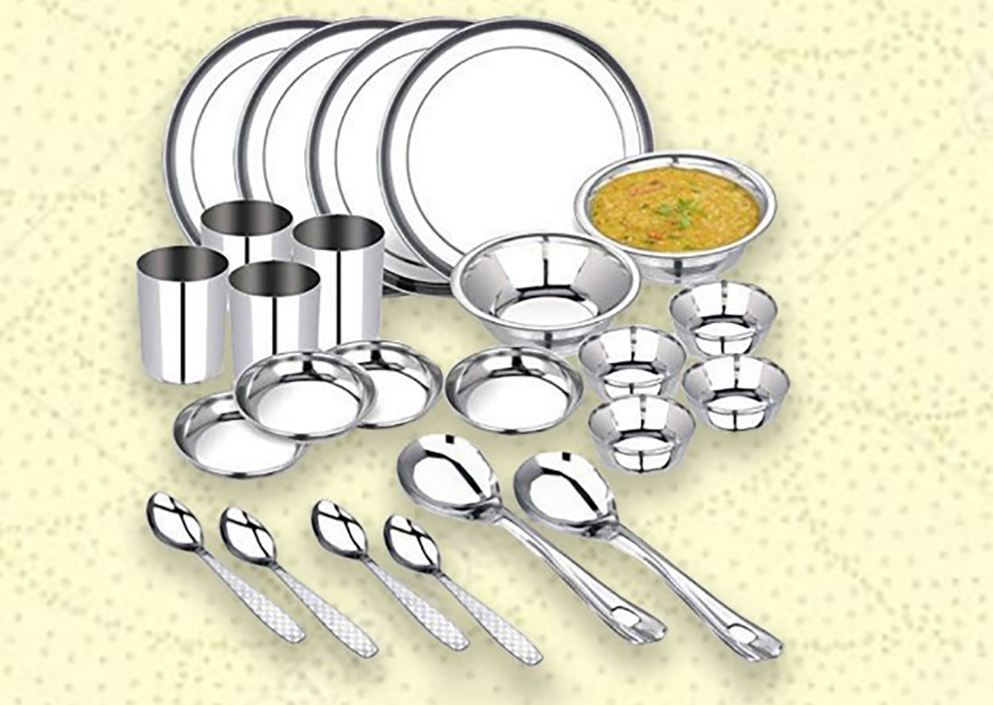 Ss Dinner Set - 24 Pieces, Durable Stainless Steel, Ideal For Everyday Use, Versatile For Pooja And Dining Needs, Dishwasher Safe