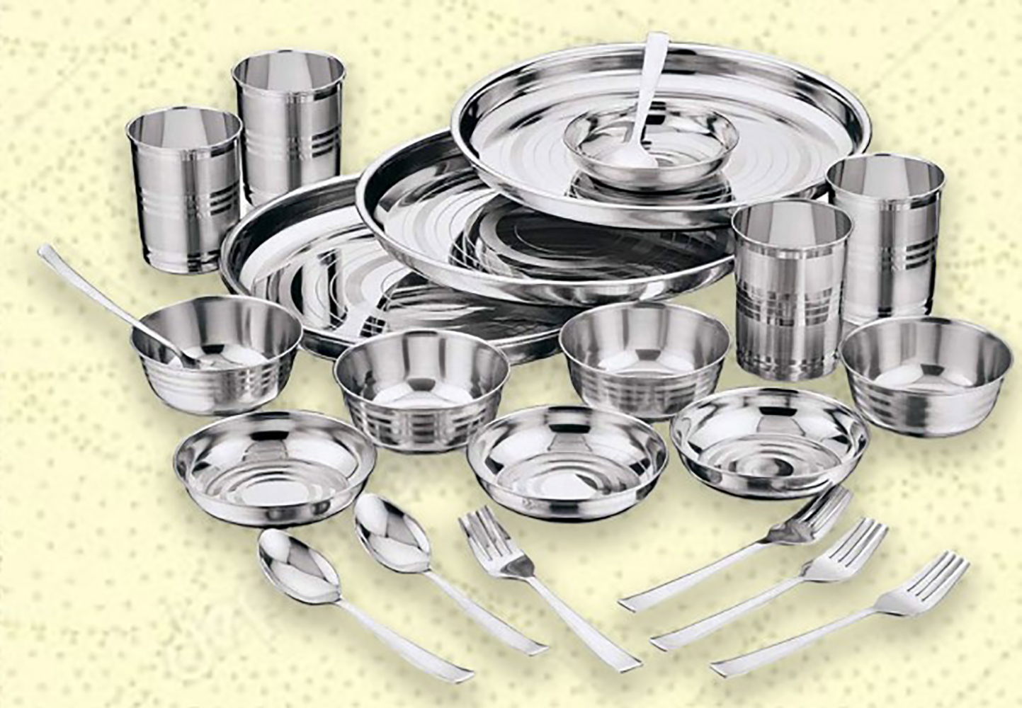 Ss Dinner Set - 24 Pieces, Durable Stainless Steel, Ideal For Everyday Use, Versatile For Pooja And Dining Needs, Dishwasher Safe
