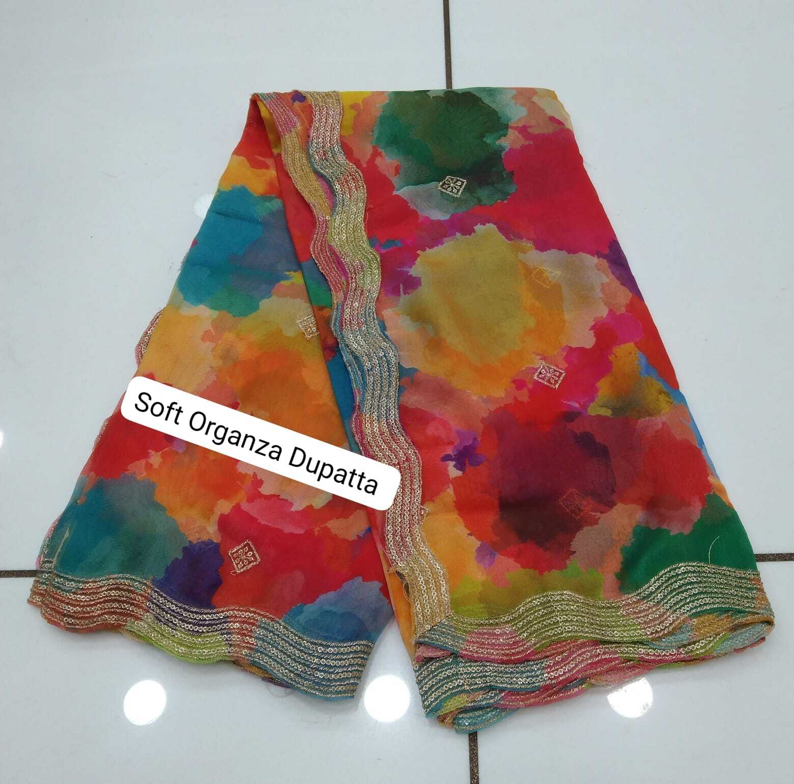Soft Organza Dupatta Print With Embroidery - Color: Multicolor