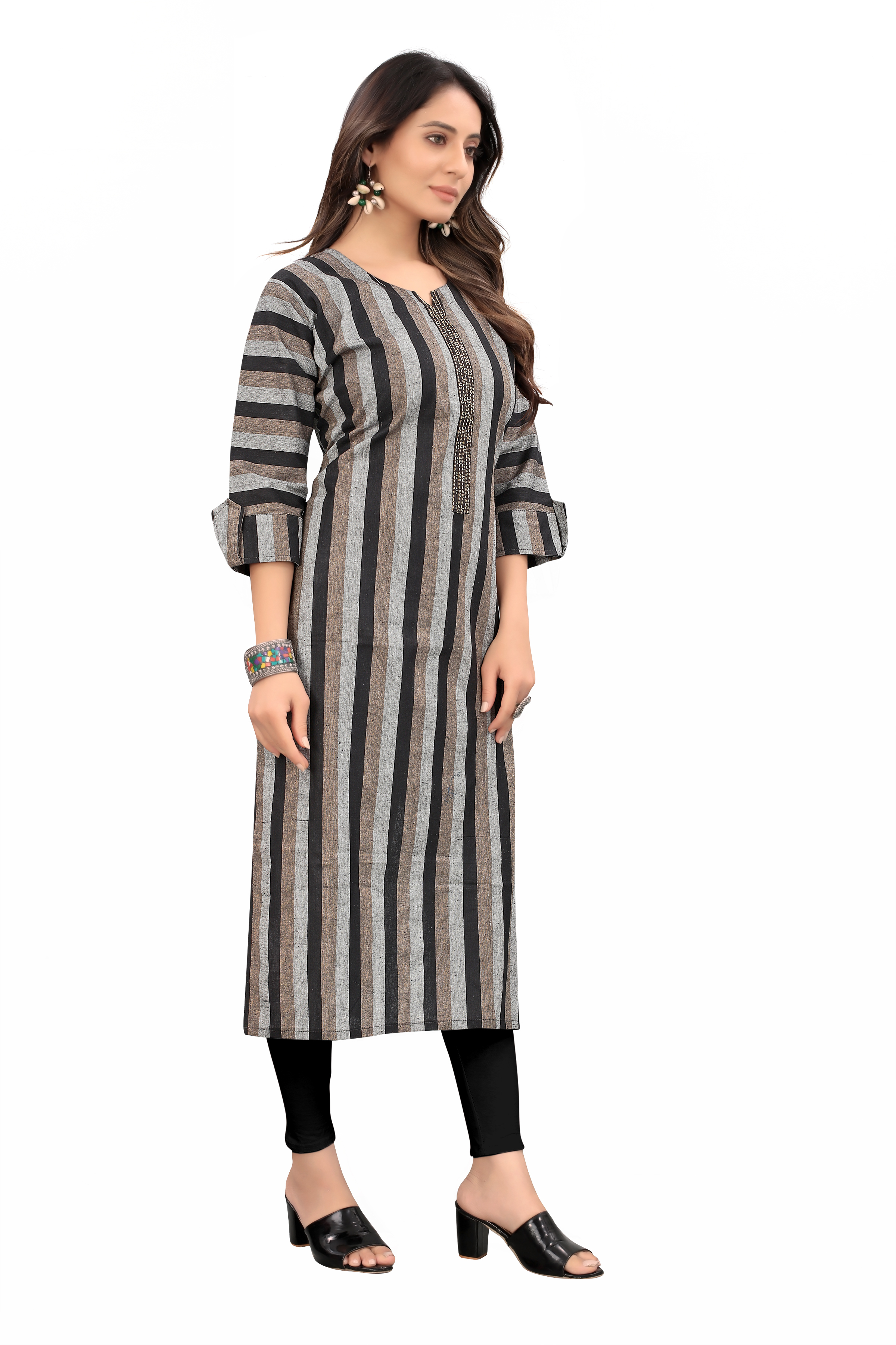 New Look Embroidery Work Kurti - Cotton A-line Sizes M-xxl Black 3/4 Sleeve Length 44 Inch | Soft & Comfortable Washable Light In Weight Plain Pattern