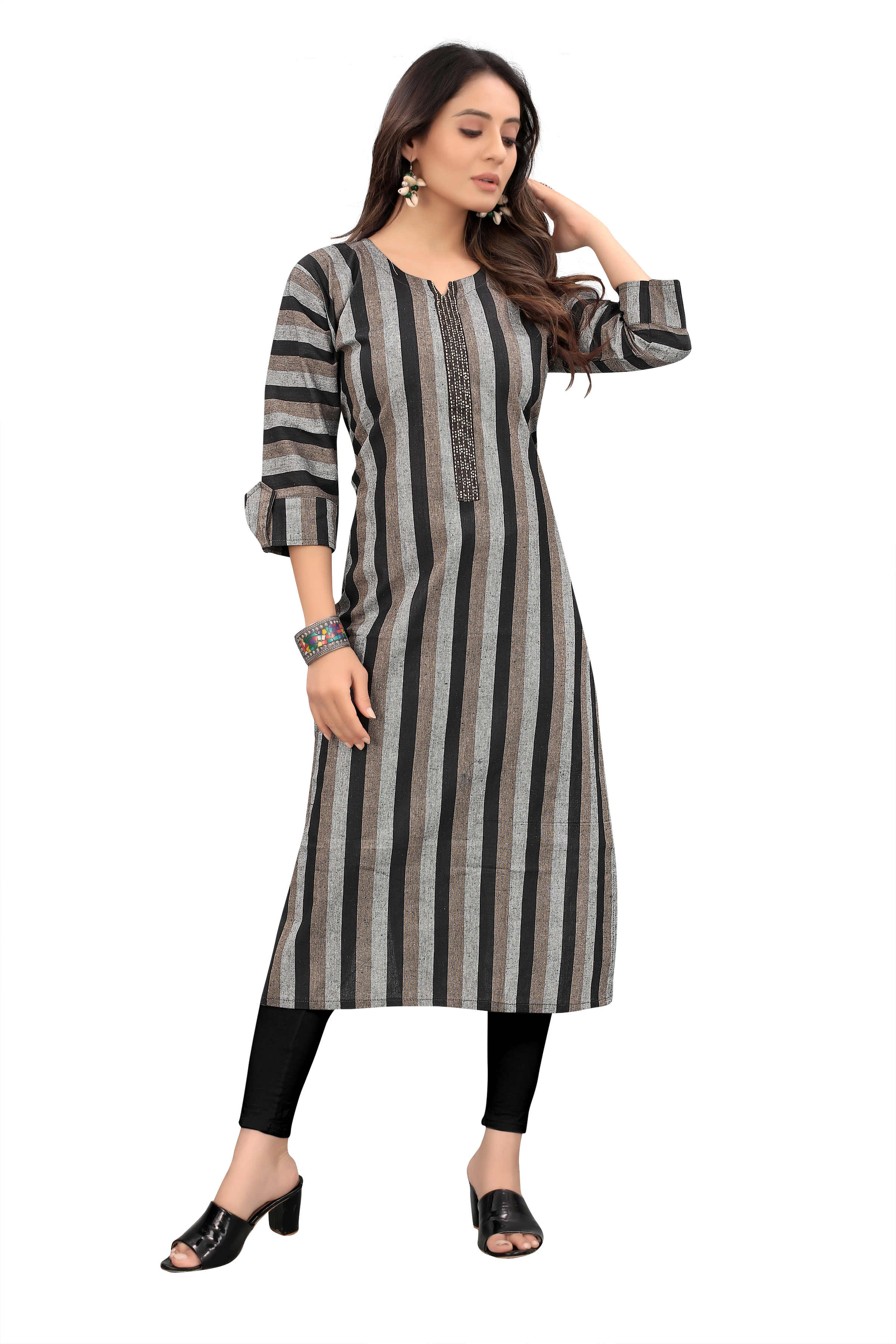 New Look Embroidery Work Kurti - Cotton A-line Sizes M-xxl Black 3/4 Sleeve Length 44 Inch | Soft & Comfortable Washable Light In Weight Plain Pattern