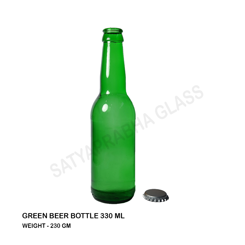 Green Glass Beer Bottle - 330 Ml Capacity, 223 Mm Height, Crown Cap Sealing, Round Shape, 58 Mm Diameter