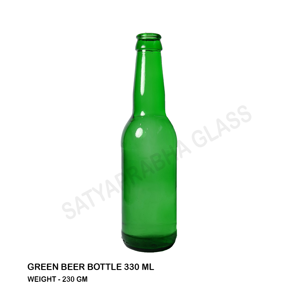 Green Glass Beer Bottle - 330 Ml Capacity, 223 Mm Height, Crown Cap Sealing, Round Shape, 58 Mm Diameter