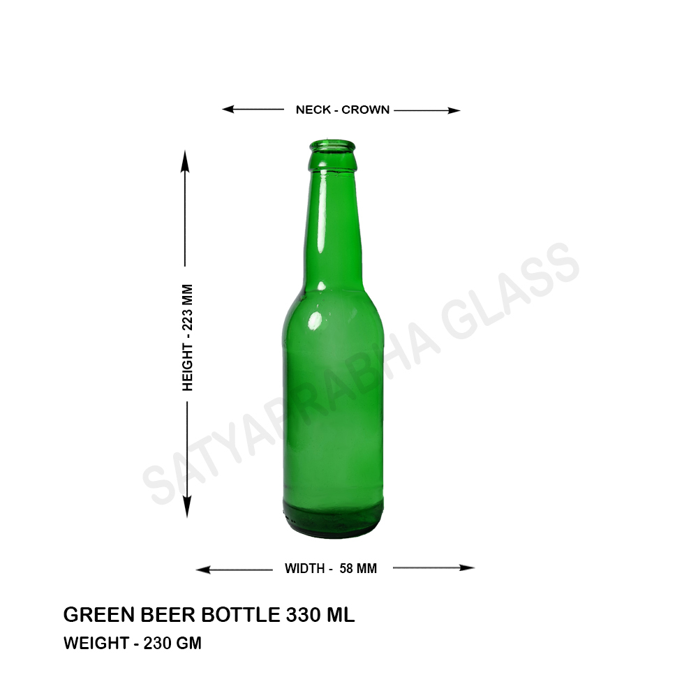 Green Glass Beer Bottle - 330 Ml Capacity, 223 Mm Height, Crown Cap Sealing, Round Shape, 58 Mm Diameter