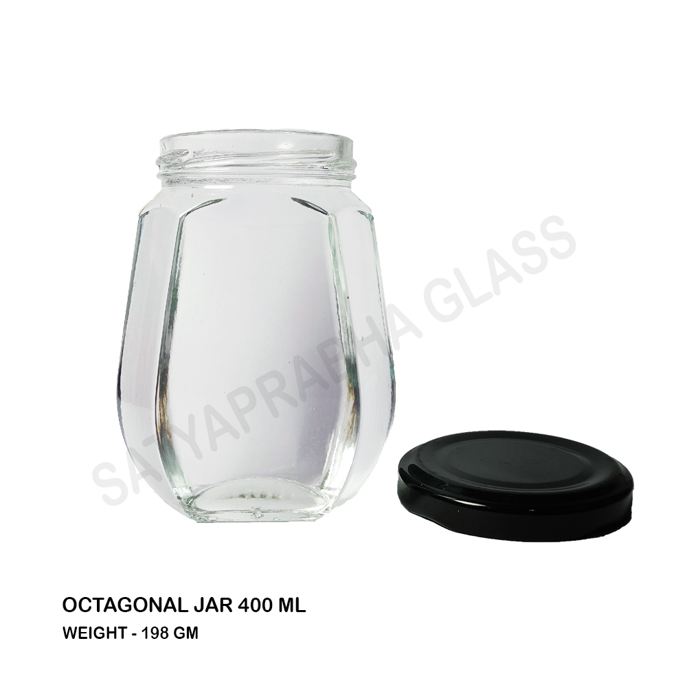 Glass Jar - 400 Ml Octagonal, Transparent Glass, Easy Open End Sealing, Ideal For Spices, Honey, And Sauces