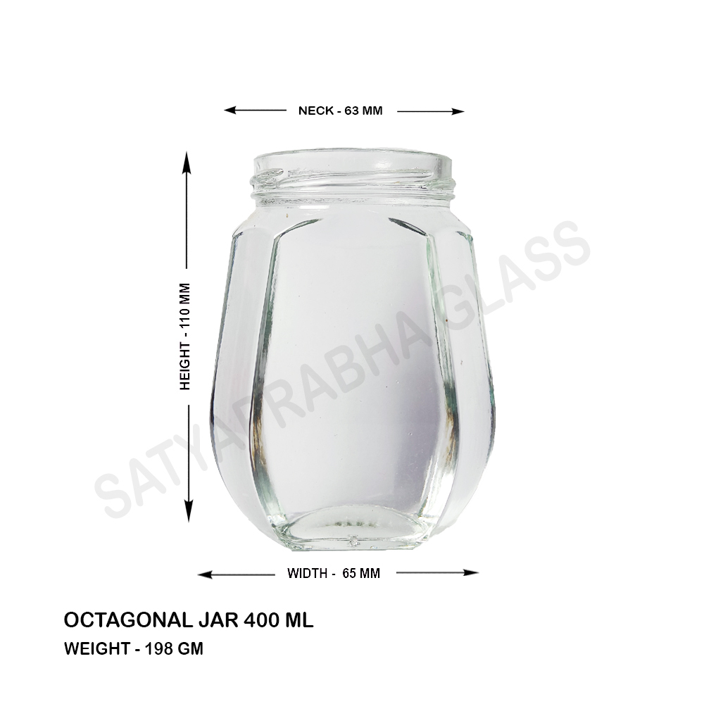 Glass Jar - 400 Ml Octagonal, Transparent Glass, Easy Open End Sealing, Ideal For Spices, Honey, And Sauces