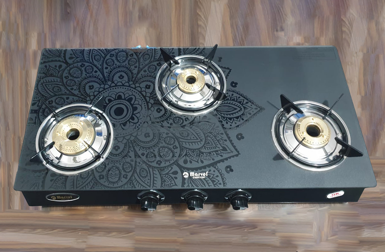 3br Designer (Mandala Black Glass With Ms Frame - Frost 3410) - Ms Toughened Black Glass, 3 Burner Lpg, Heavy Pan Support, Manual Ignition, Rotating Brass Nozzle, Metallic Knob