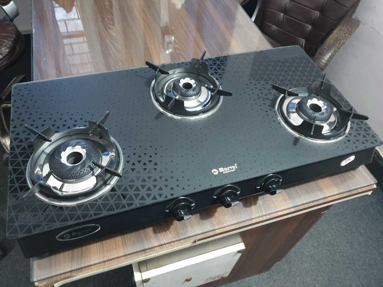 3br Designer Crystal Pattern Black Glass With Ms Frame - Toughened Black Glass, 360â° Rotating Brass Nozzle, Heavy Pan Support, Lpg, Manual Ignition