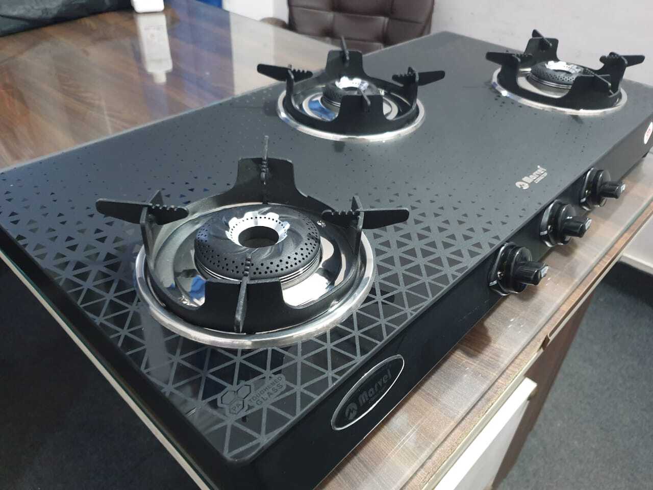 3br Designer Crystal Pattern Black Glass With Ms Frame - Toughened Black Glass, 360â° Rotating Brass Nozzle, Heavy Pan Support, Lpg, Manual Ignition