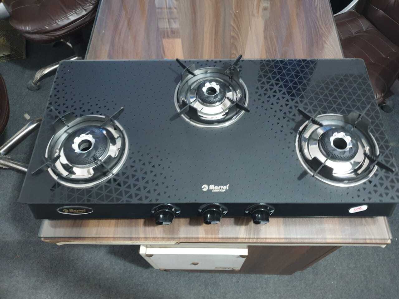 3br Designer Crystal Pattern Black Glass With Ms Frame - Toughened Black Glass, 360â° Rotating Brass Nozzle, Heavy Pan Support, Lpg, Manual Ignition