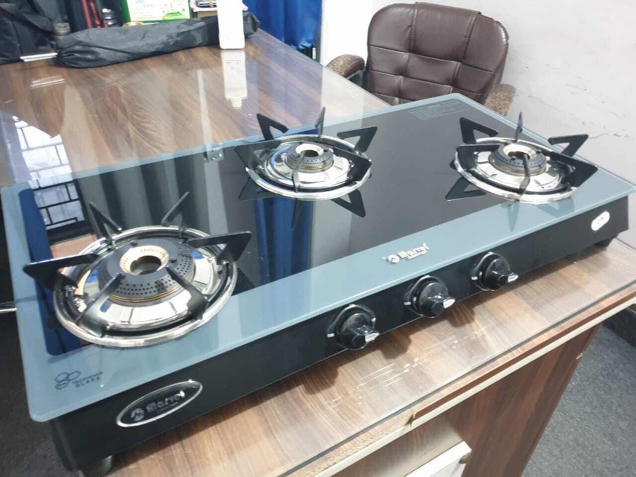 3br Side Color Glass With Ms Frame - Toughened Black Glass, High Efficiency Brass Burner With Rotating Nozzle, Metallic Knob | Self Installation, Manual Ignition
