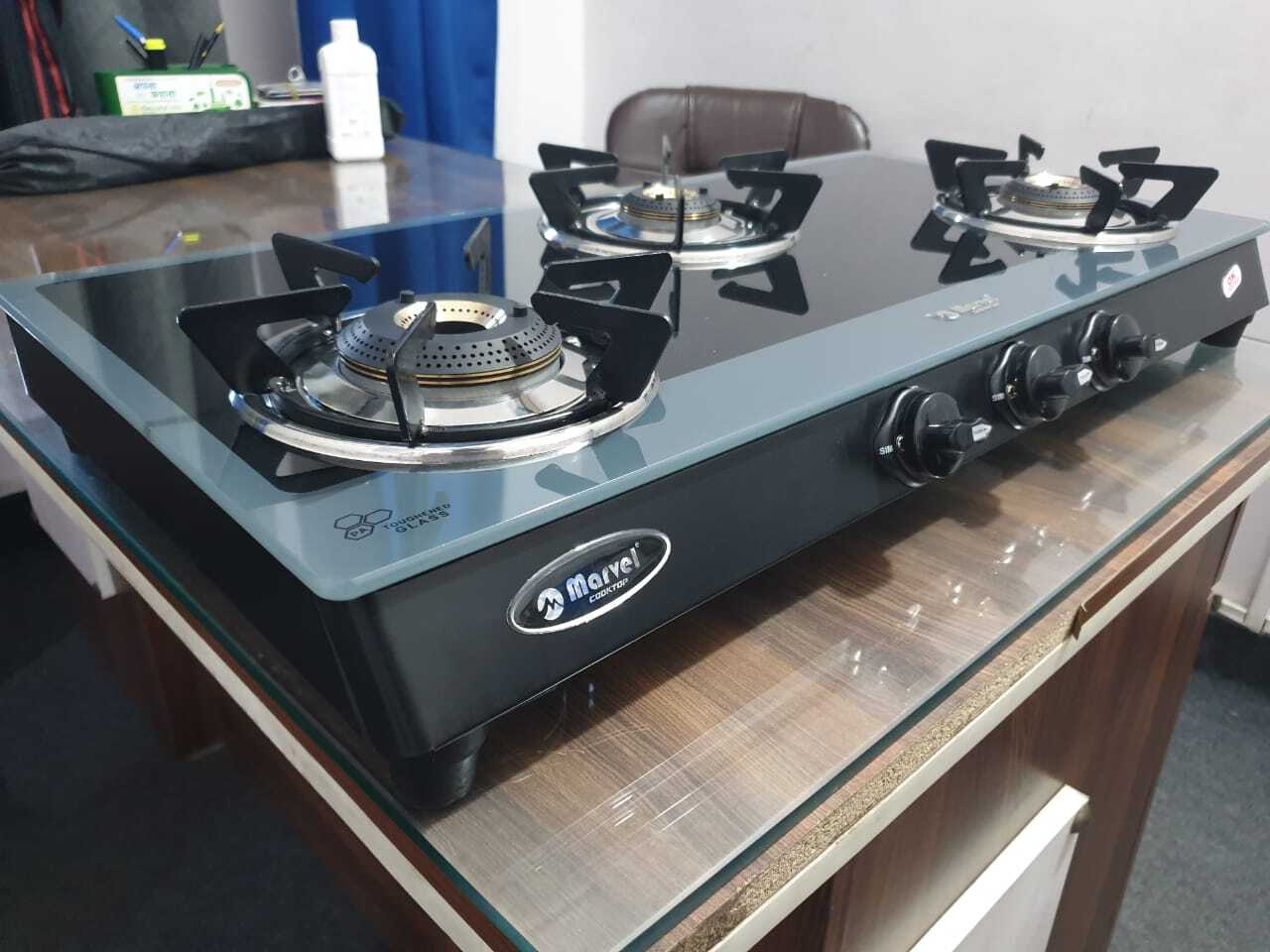 3br Side Color Glass With Ms Frame - Toughened Black Glass, High Efficiency Brass Burner With Rotating Nozzle, Metallic Knob | Self Installation, Manual Ignition