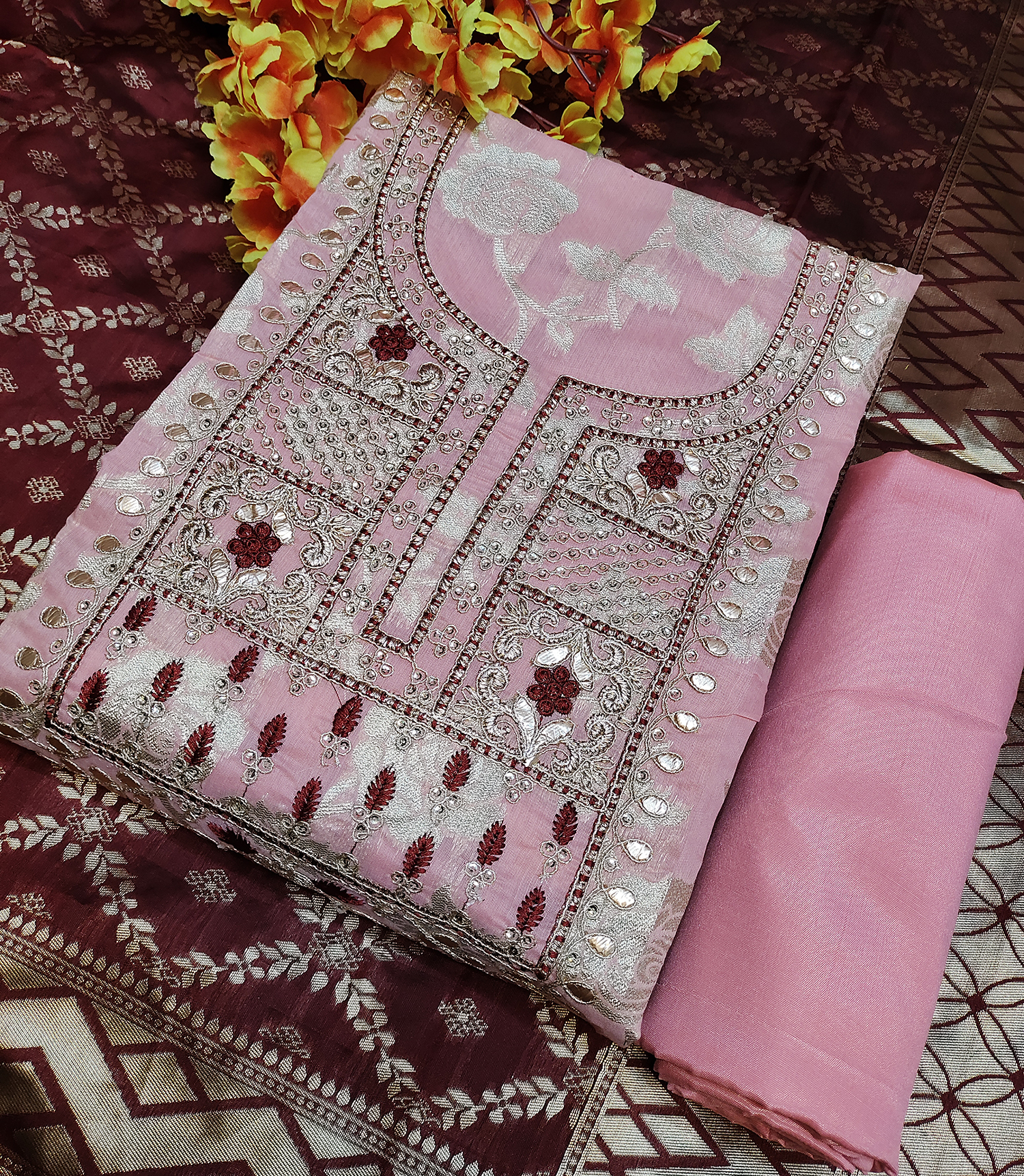 Pink New Dress Material Gotapatti Work