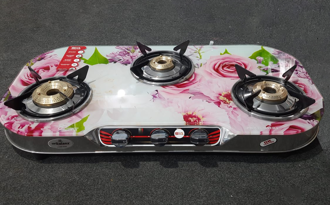 3br Crystal Digital Elite Glass With Silver Regular Stainless Steel Frame (Full Body Frame) - Stainless Steel, Hexagon Round Pan Support, 3 Burners, Manual Ignition, Lpg Gas Type