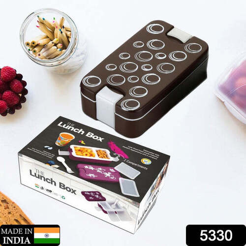 Airtight Lunch Box 2 Compartment Lunch Box Leak Proof Food Grade Material Lunch Box Modern Appearance & Compact Lunch Box With Spoon (5330) - Material: Bpa-free, Size: 21x13x7 Cm | Eco-friendly, Dishwasher Safe, Airtight Lockage, Ideal For Kids