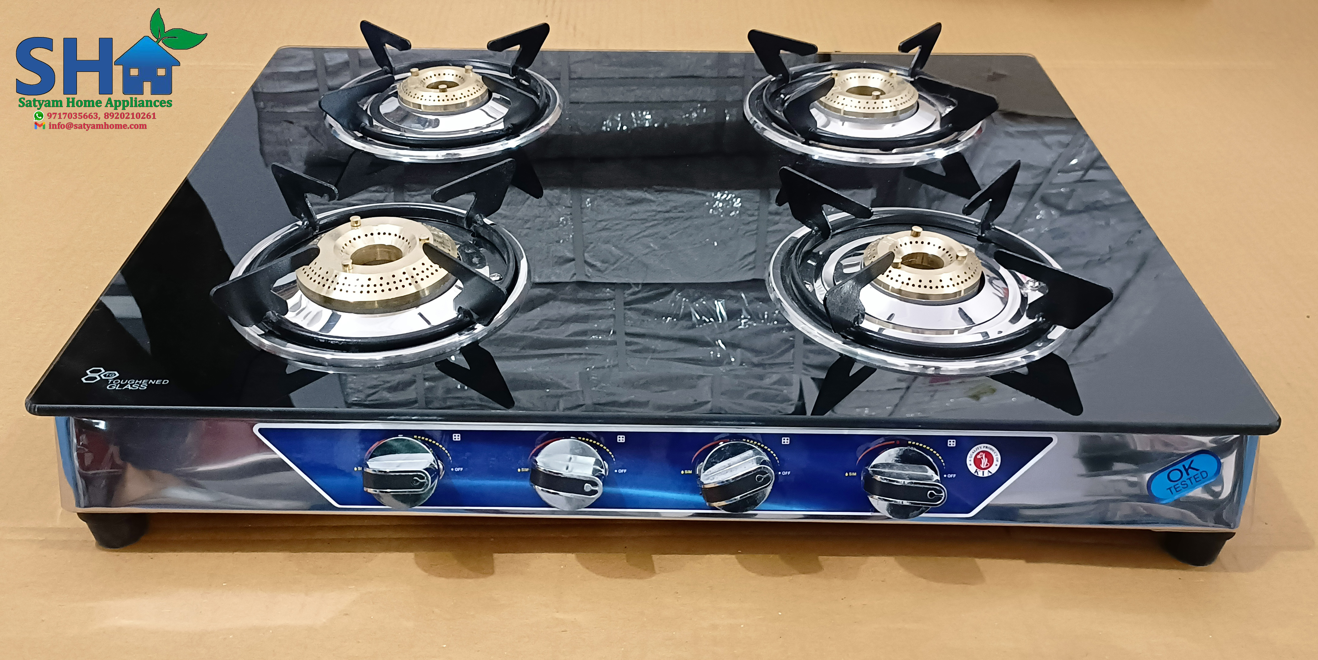 4 Burner Crystal Black Glass With Ss Frame (Jumbo) - Toughened Black Glass, 7mm Thickness, Heavy Pan Support, 360â° Rotating Nozzle, Lpg Gas Type