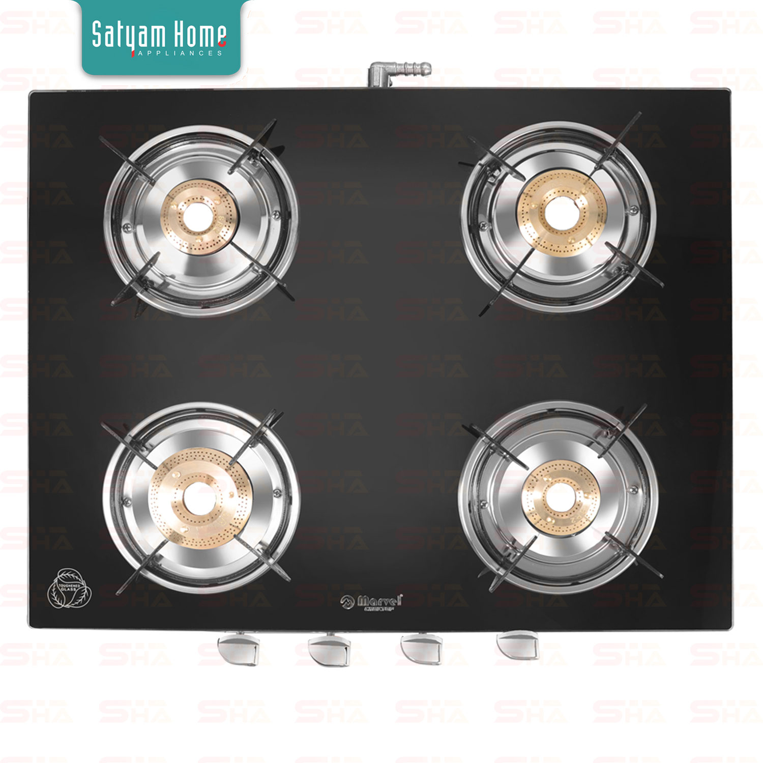 4 Burner Crystal Black Glass With Ss Frame (Jumbo) - Toughened Black Glass, 7mm Thickness, Heavy Pan Support, 360â° Rotating Nozzle, Lpg Gas Type