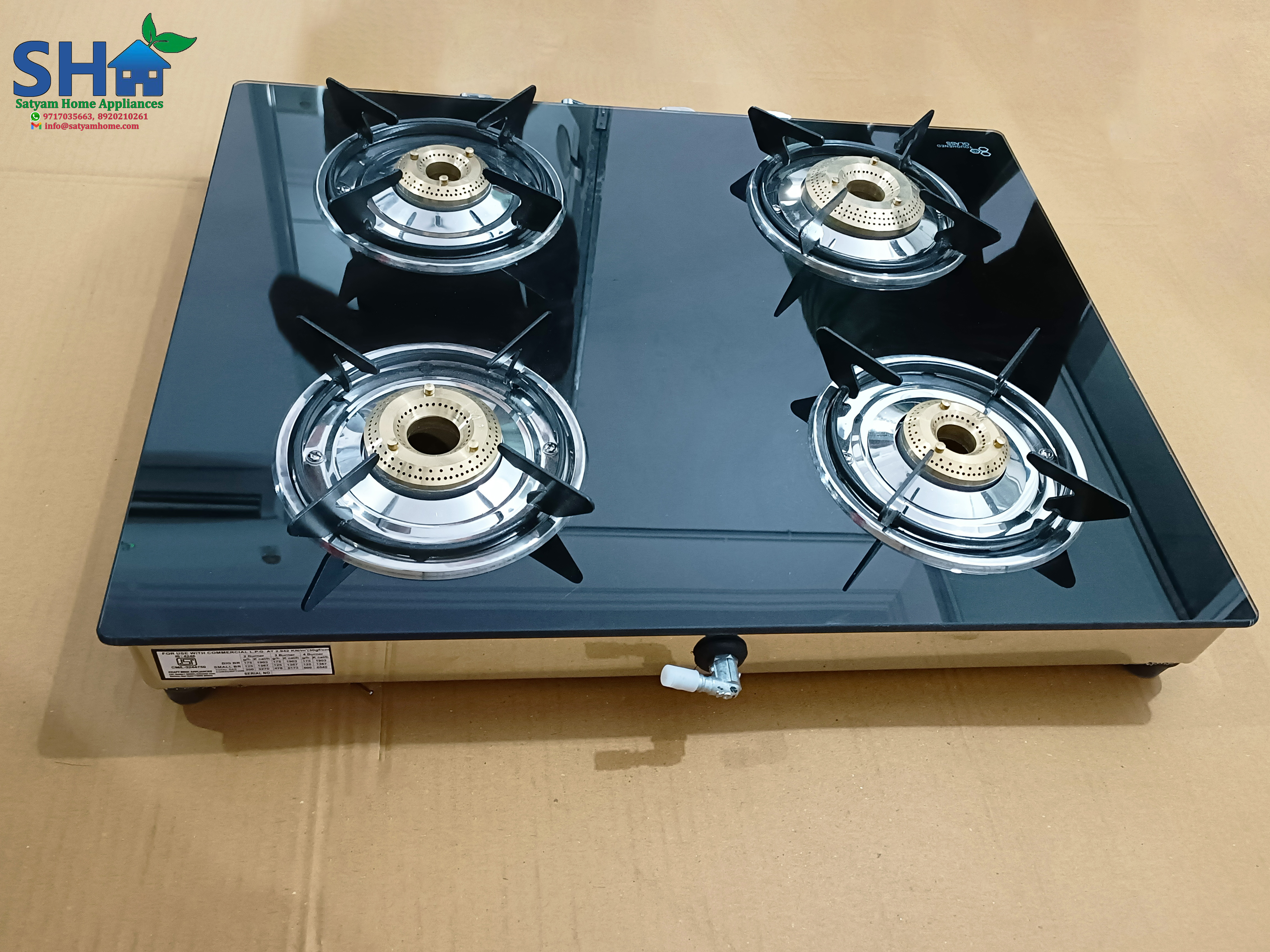 4 Burner Crystal Black Glass With Ss Frame (Jumbo) - Toughened Black Glass, 7mm Thickness, Heavy Pan Support, 360â° Rotating Nozzle, Lpg Gas Type