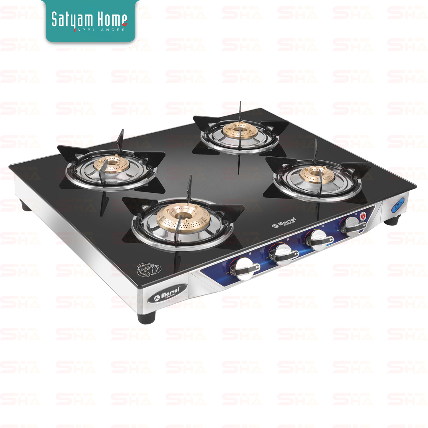 4 Burner Crystal Black Glass With Ss Frame (Jumbo) - Toughened Black Glass, 7mm Thickness, Heavy Pan Support, 360â° Rotating Nozzle, Lpg Gas Type