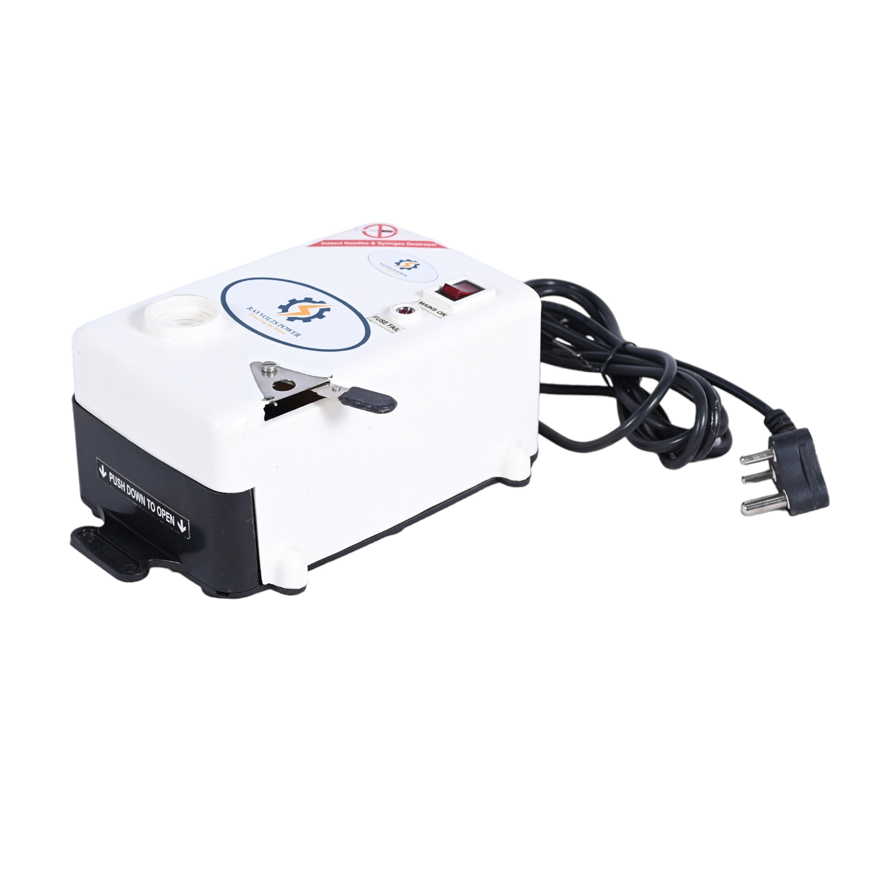Rayvolts Power Needle Syringe Destroyer - Stainless Steel Blades, 220-240 Volts | Portable, User-friendly Design With Built-in Safe Disposal Containers, Minimizes Exposure Risks