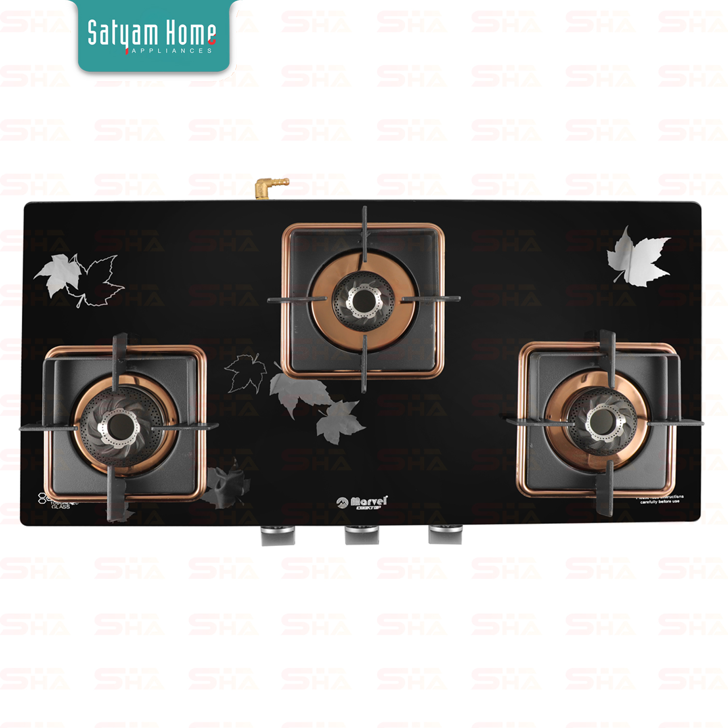 3 Burner Mirror Glass With Rose Gold Mirror Finish Frame (Leaf Glass) - Stainless Steel, 7mm Toughened Glass , 360â° Rotating Brass Nozzle - Heavy Pan Support, Elegant Design, Easy Cleaning
