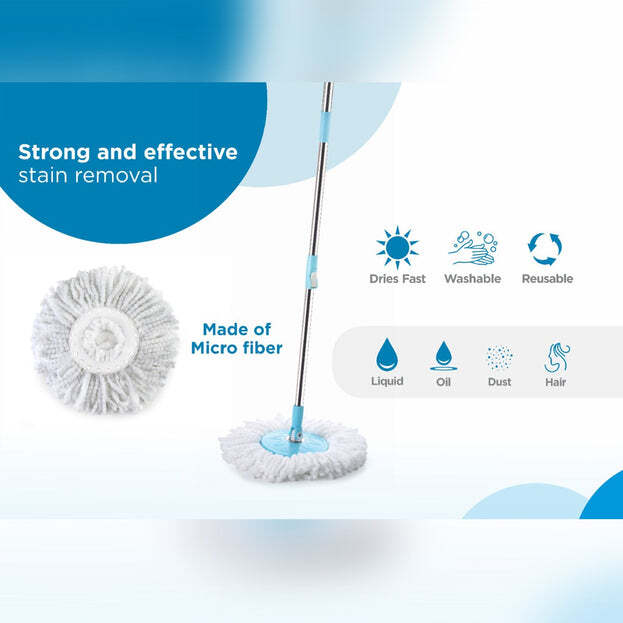 Rapid Steel Spinner Mop - 47x27x24 Cm | 360 Degree Self-spin Wringer, Extendable Handle, 2 Non-abrasive Microfiber Heads With Solution Dispenser