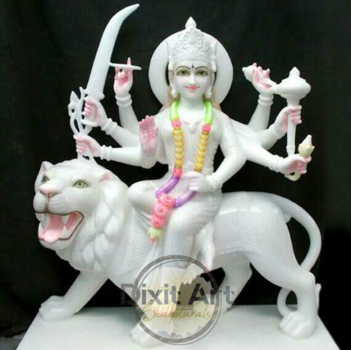 Marble Ma Durga Devi Moorti - Handmade Marble Sculpture | Acid Resistant, Water Resistant, Durable, Easy To Clean, Easy To Install, Polished Finish, Indian Regional Style, Hinduism Theme