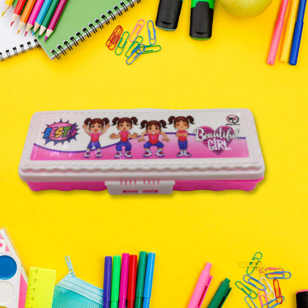 Multipurpose Compass Box - Plastic Material, Large Capacity Double Deck Pencil Case With 2 Compartments, Cartoon Printed Design For Kids, Ideal Birthday Gift