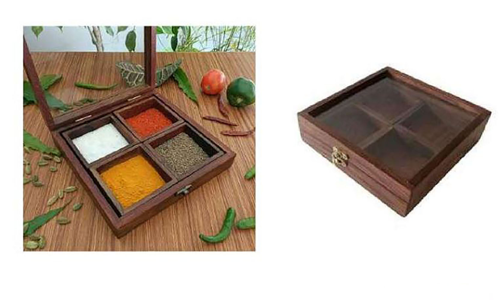 Wood 2 Round Fixed Steel Container Spice Box