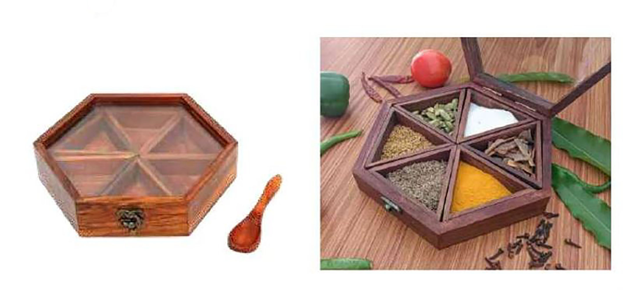 Wood 2 Round Fixed Steel Container Spice Box